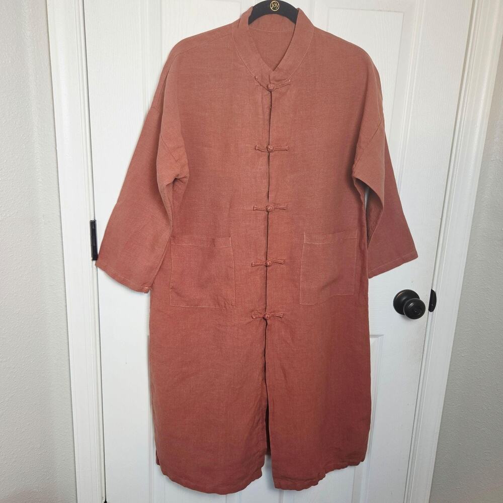 Linen Jacket Womens XL Pink Mandarin Collar 3/4 Sleeve Longline Pockets